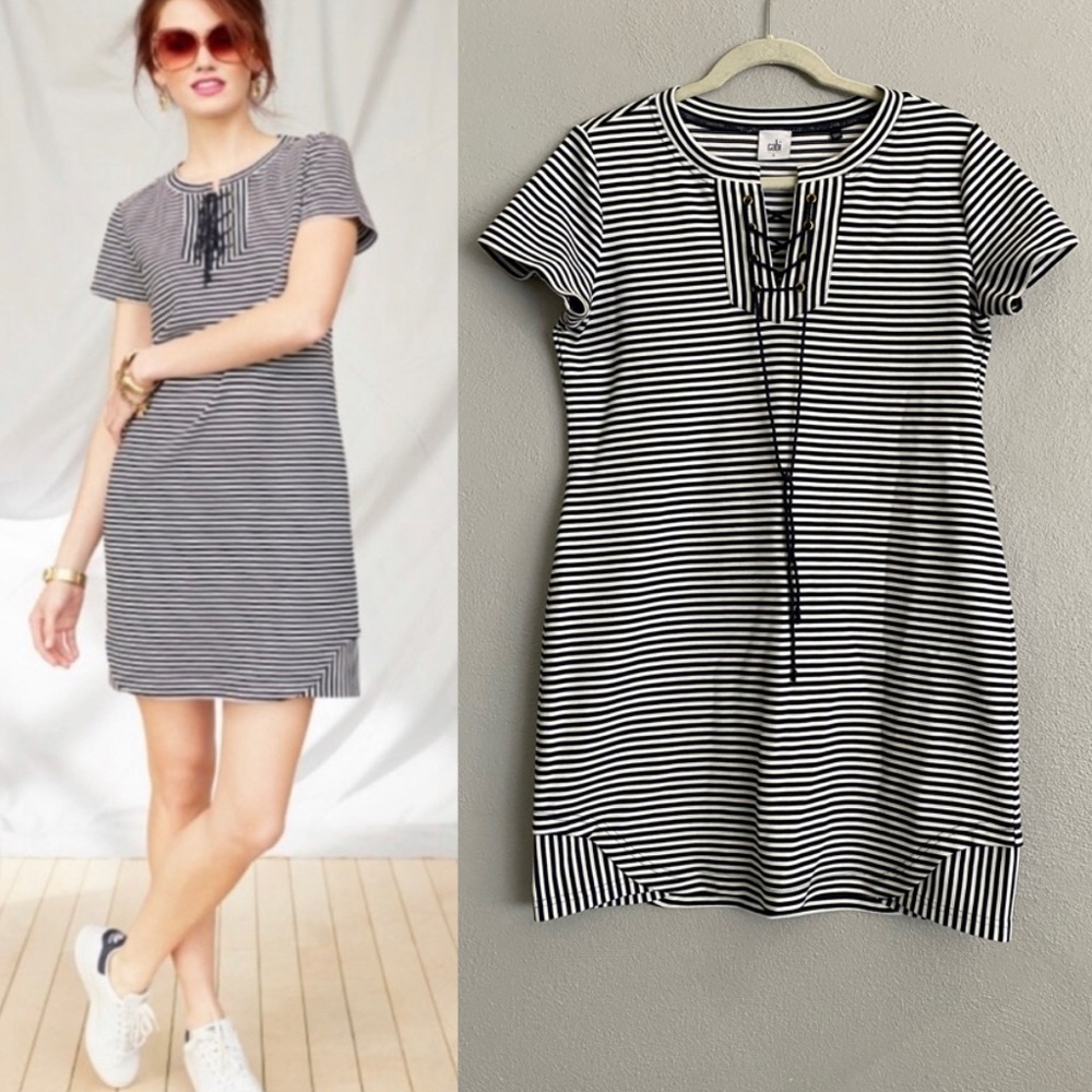 Cabi Dress Size Small Captain Stripe Nautical Tie Front Shift Navy White Sailor